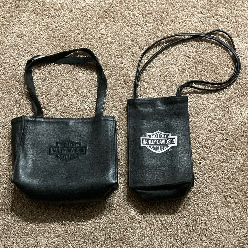 2 Genuine Harley-Davidson Black Leather Bags: 1 Classic Tote & 1 Shoulder Bag